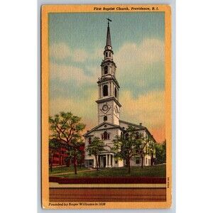 First Baptist Church Providence RI Linen Postcard 1940 Roger Williams 1638